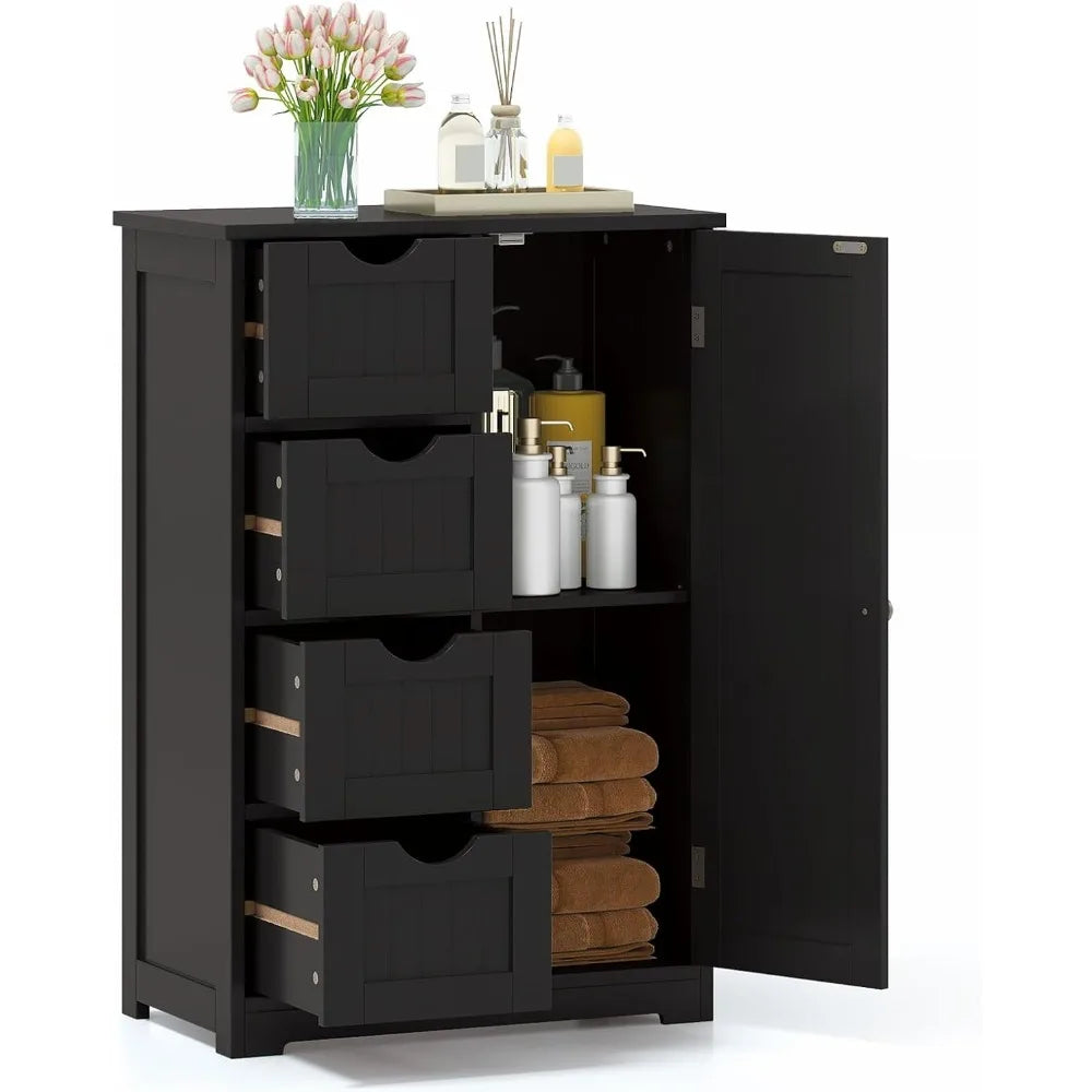 Bathroom Floor Cabinet, Multifunctional Storage Cabinet with 4 Drawers and 1 Door, Wooden Side Storage Organizer for Bathroom, L
