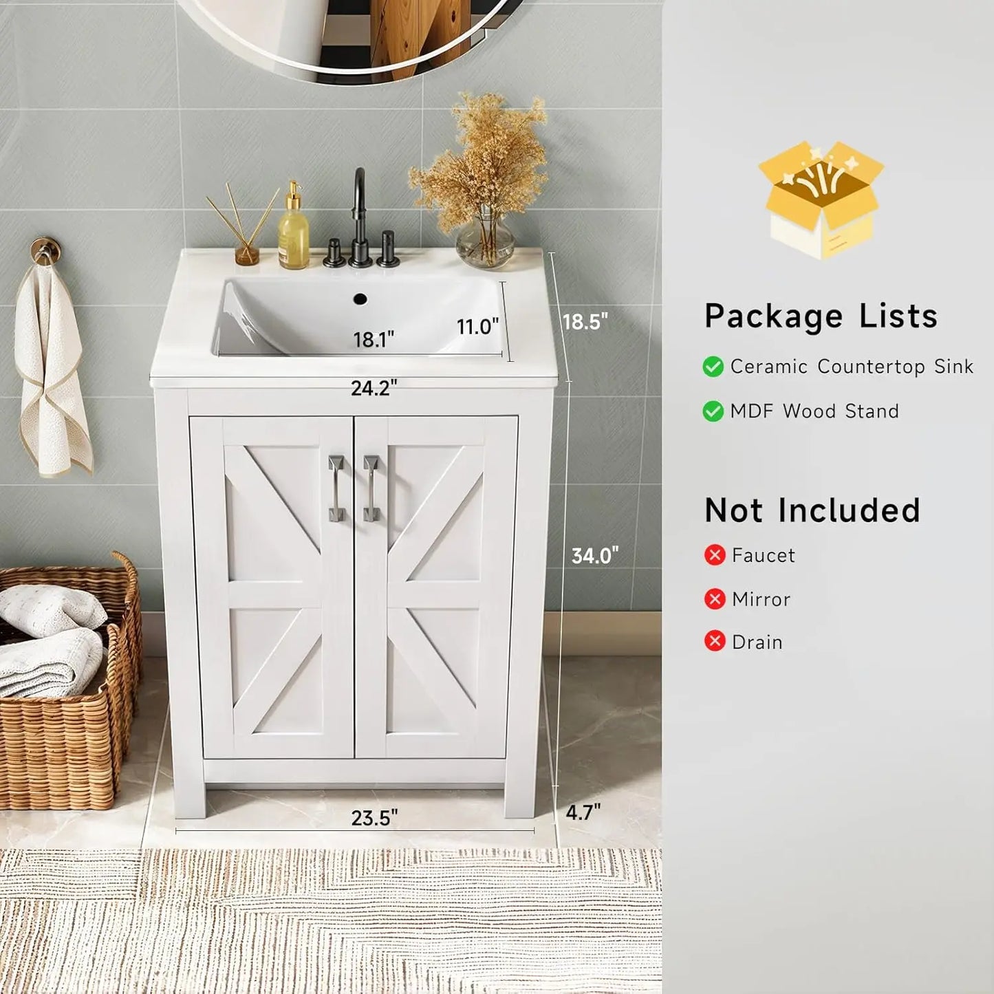 Bathroom Vanity with Ceramic Sink, 24 Inch Bathroom Vanities with 2 Soft-Close Door & Metal Handle, Modern Single, Customized