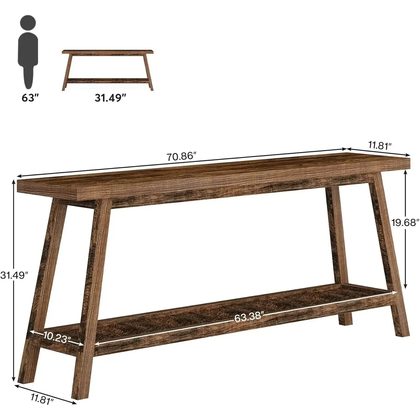 70.9 Inches All Wood Console Table for Entrance, 2 Tiers Narrow Long Behind Couch Sofa Table for Hallway, Living Room, Brown
