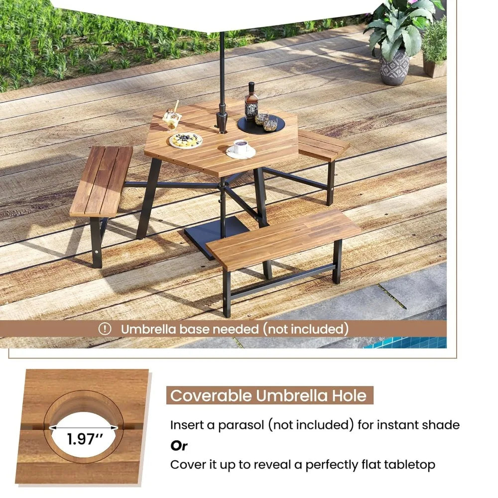Acacia Wood Hexagonal Picnic Table With Built In Benches