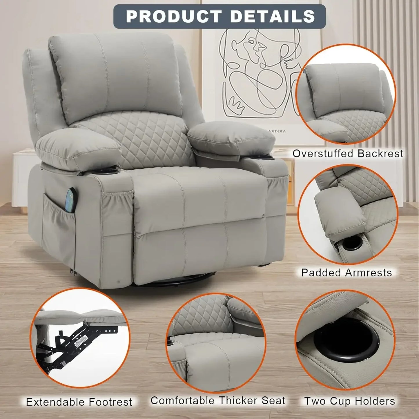 Overstuffed Massage Rocker Recliner Chair With Heat Faux Leather