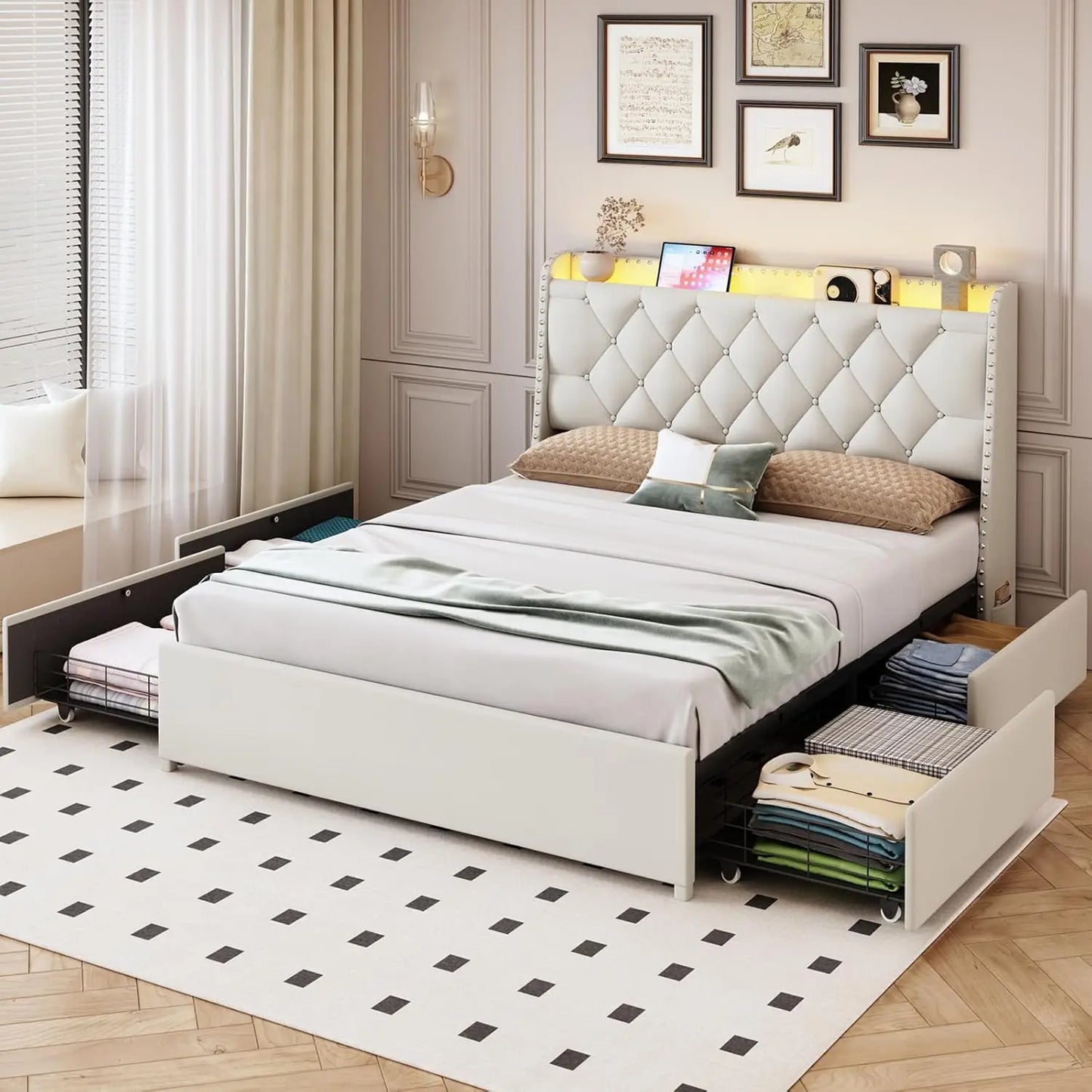 Bed Frame With 4 Drawers Storage Headboard LED Lights USB
