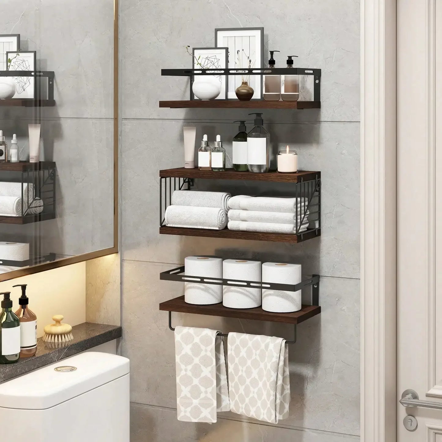 Wall Mounted Rustic Wood Bathroom Shelves Over Toilet Towel Bar