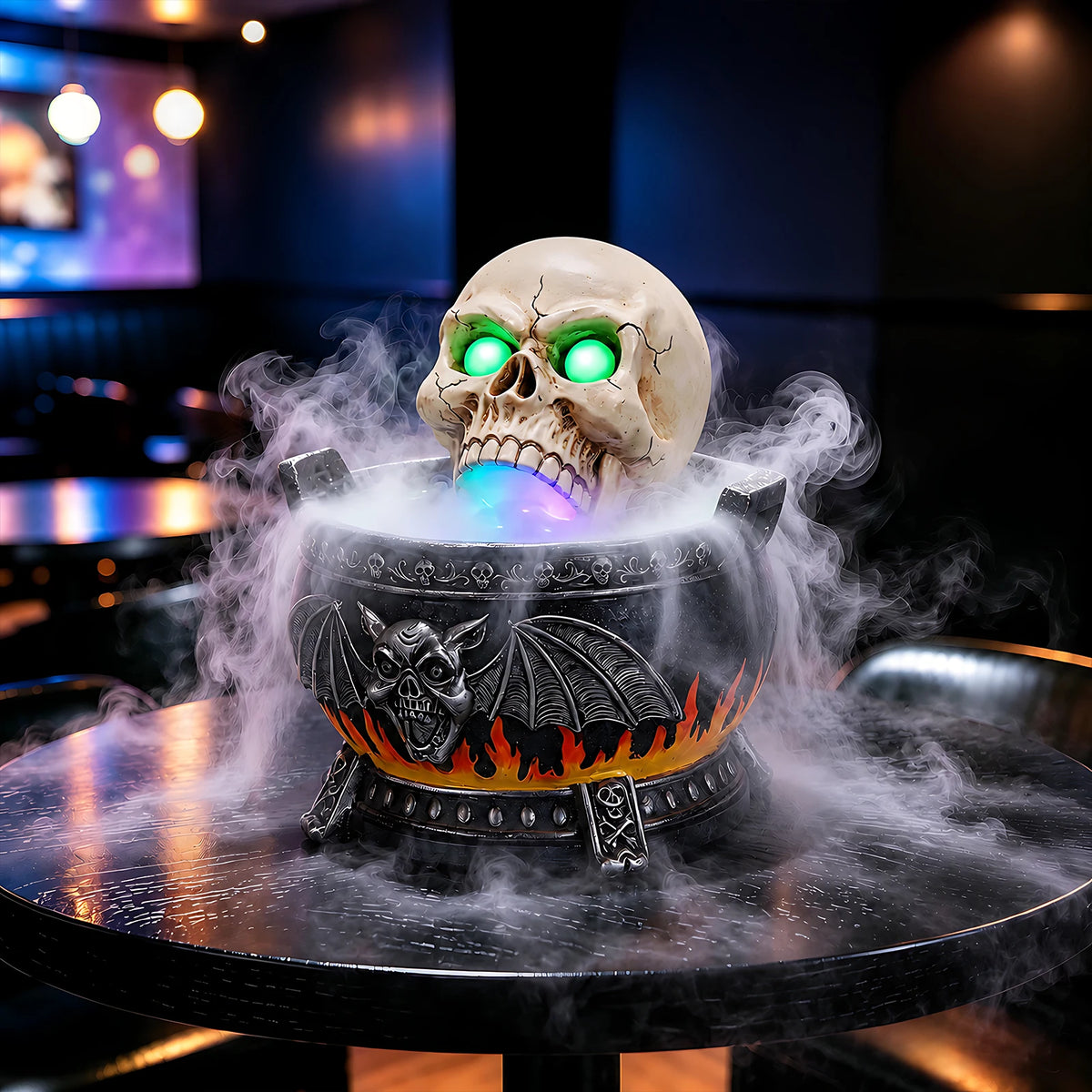 Halloween Skull Cauldron Statue With LED Light And Fog Effect