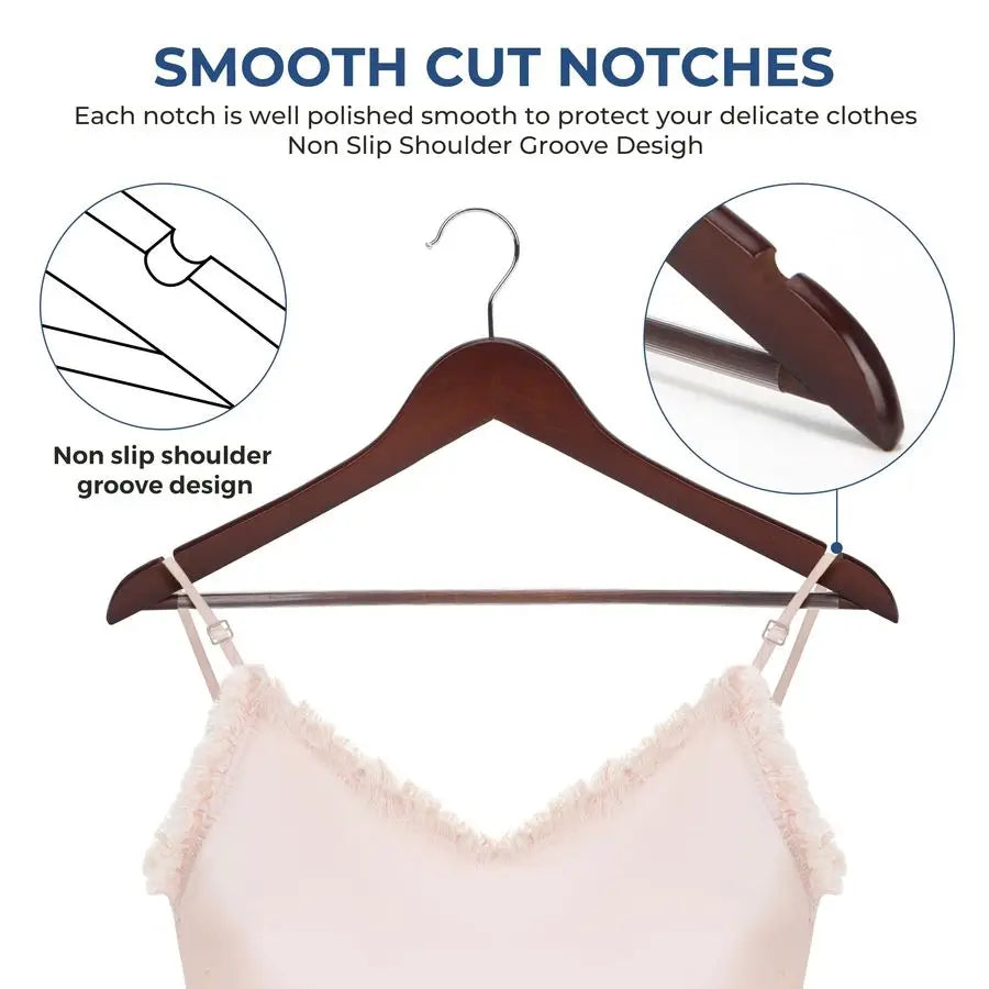 Walnut Wooden Coat Hangers 20 Pack Non Slip Pant Bar
