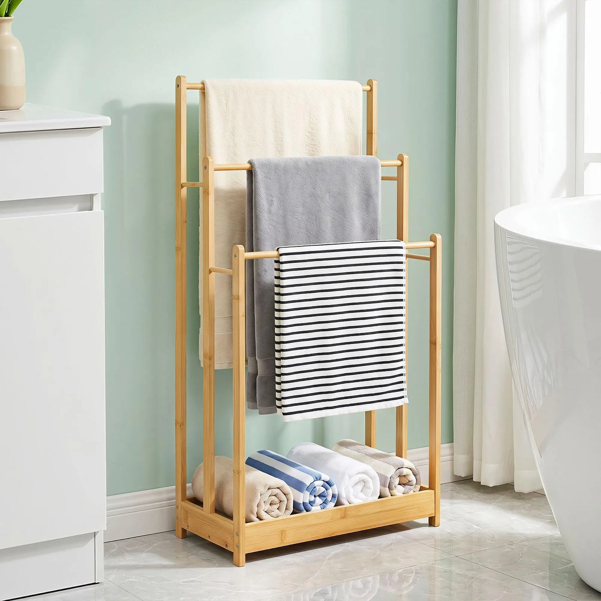 Freestanding Bamboo Towel Rack with Storage Shelf for Bathroom Organization