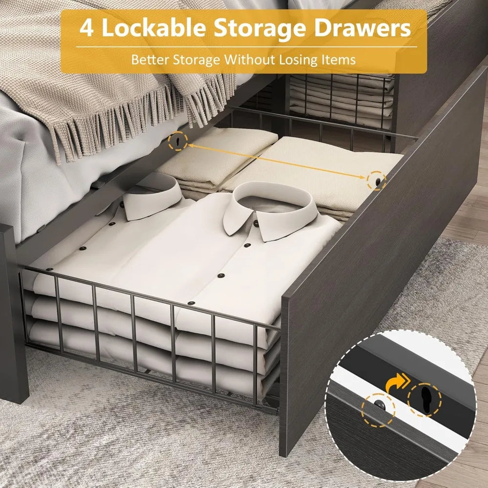 Full Bed Frame With 4 Drawers And Storage Headboard LED