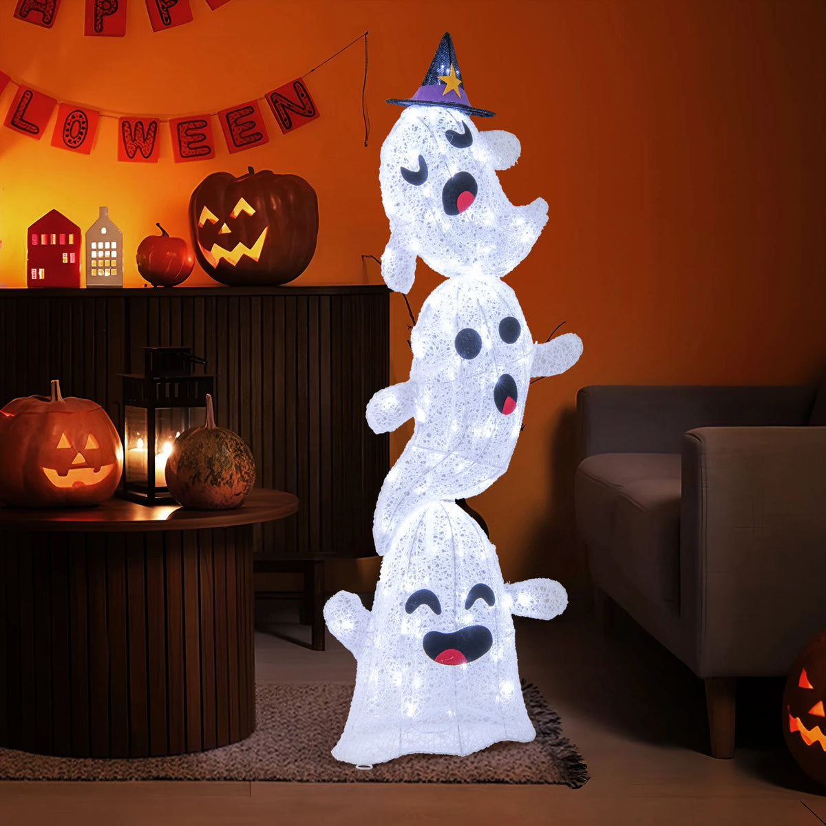 LIFEZEAL Outdoor Stacked Ghost Halloween Decorations With Built In LED Lights