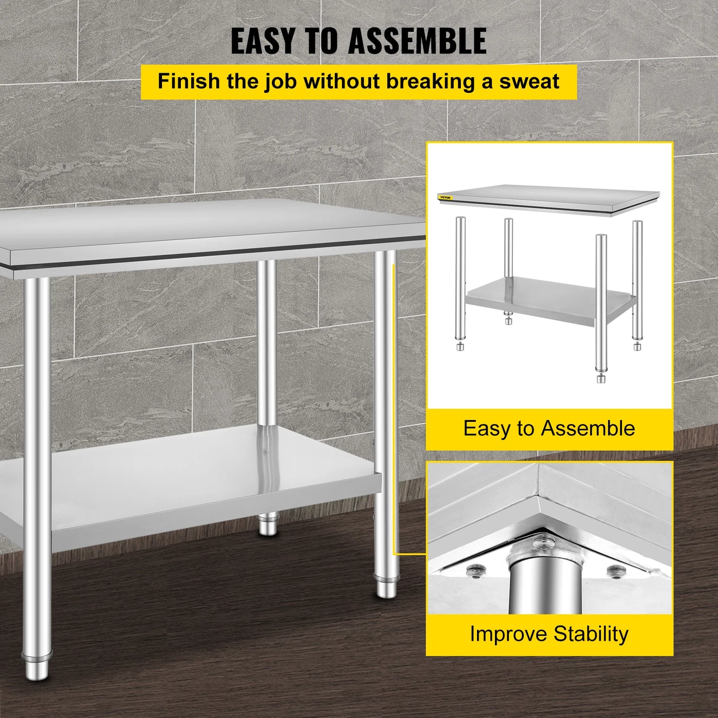 VEVOR Kitchen Work Bench Commercial Catering Table Worktable with Undershelf Stainless Steel 330LBS 286LBS for Restaurant Garage