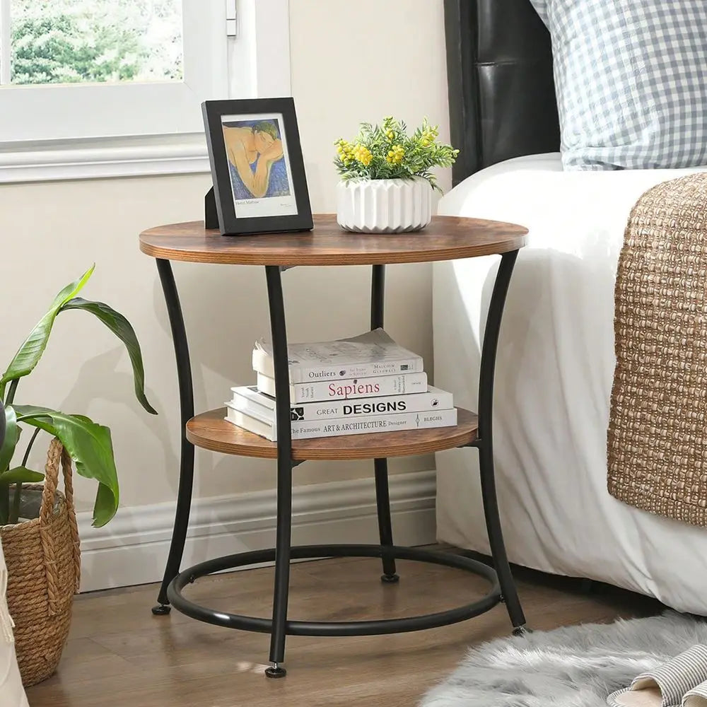 Round End Table With Steel Frame And Two Shelves For Living Rooms