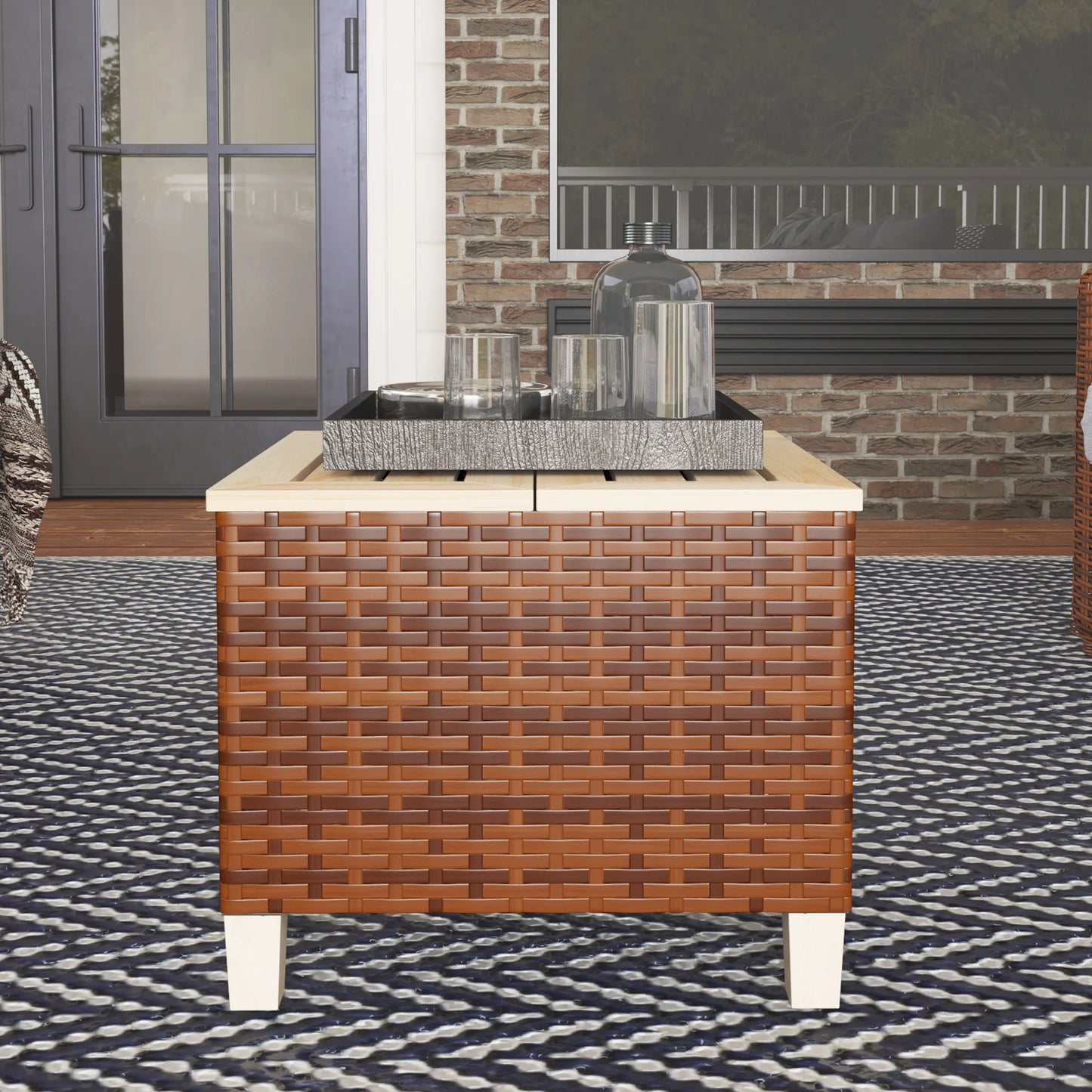 Outdoor Side Table With PE Rattan And Wood Top Patio