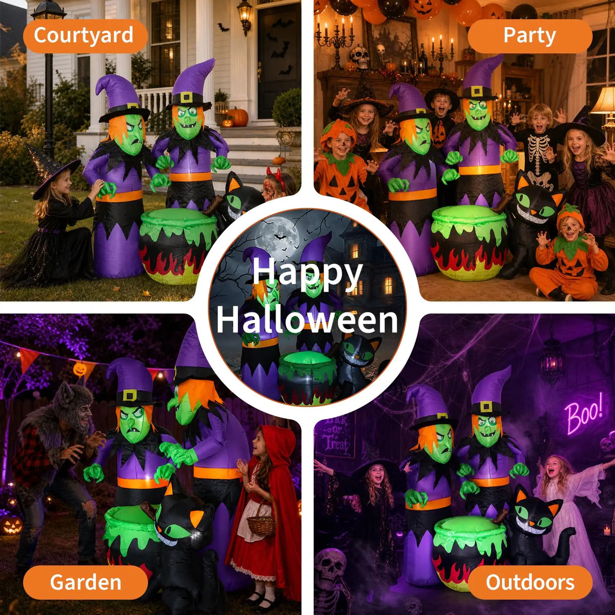 HiMISS Halloween Inflatable Witch Sisters And Black Cat Cauldron Decor