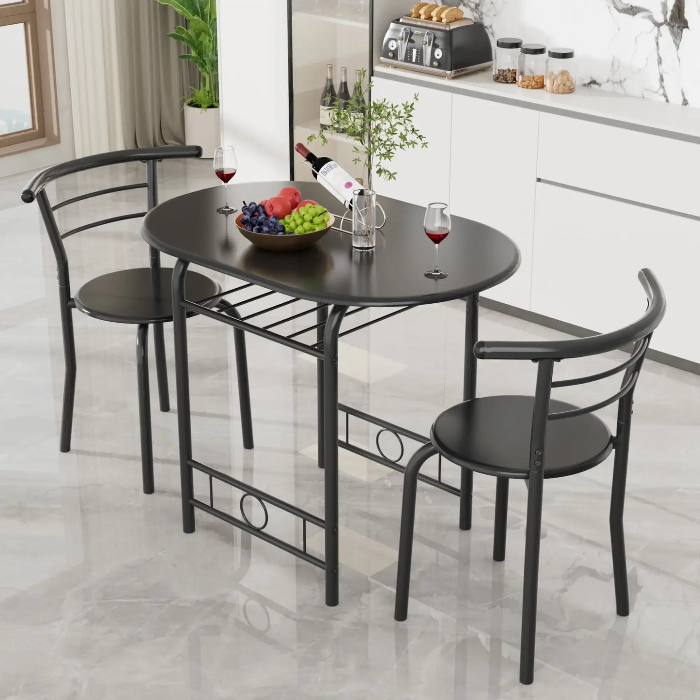 Vineego 3-Piece Small Kitchen Dining Set for 2 Black Wooden Table And Chairs Space Saving Breakfast Set