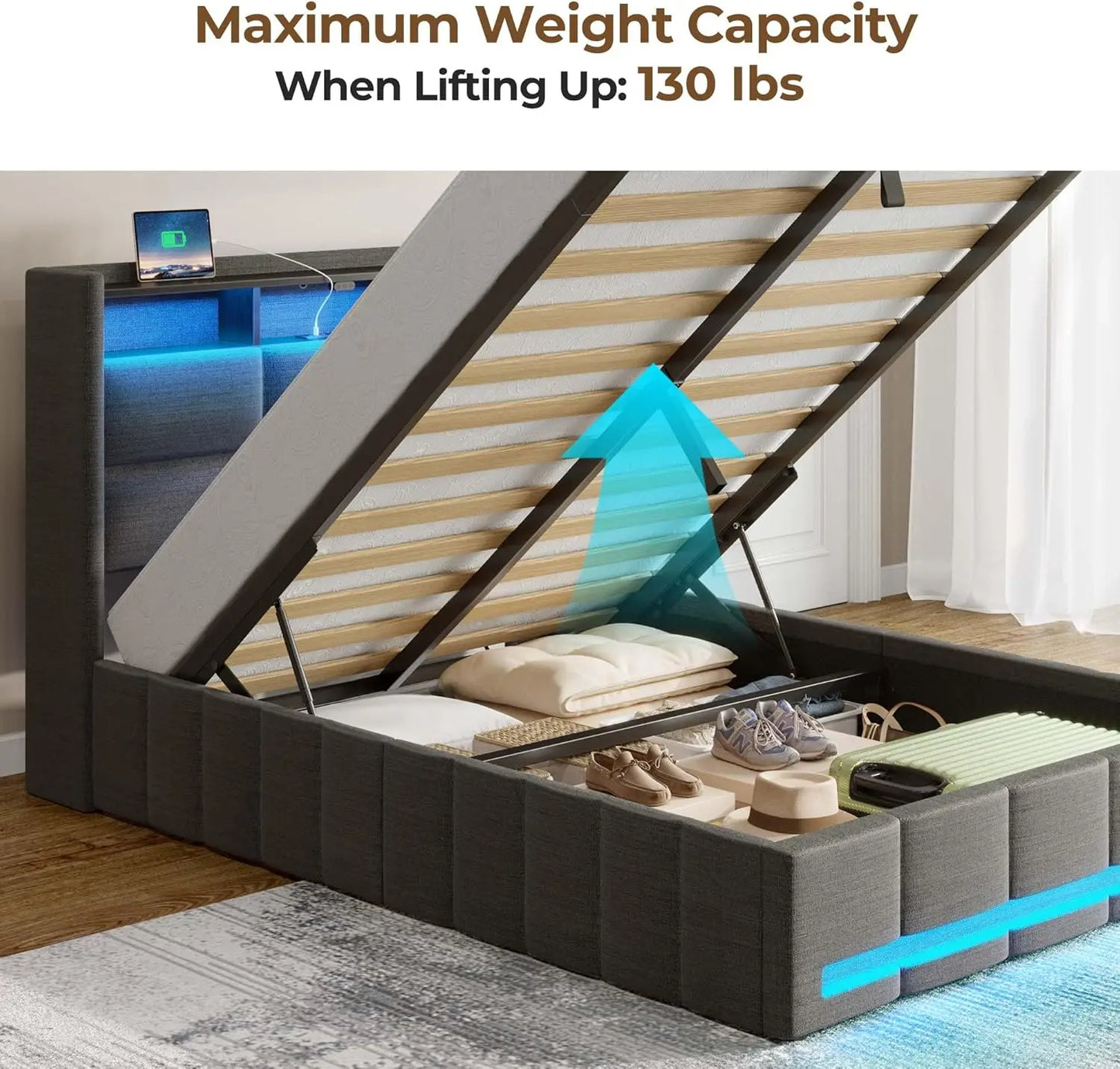 Lift Up Storage Bed With LED Lights And Charging Station
