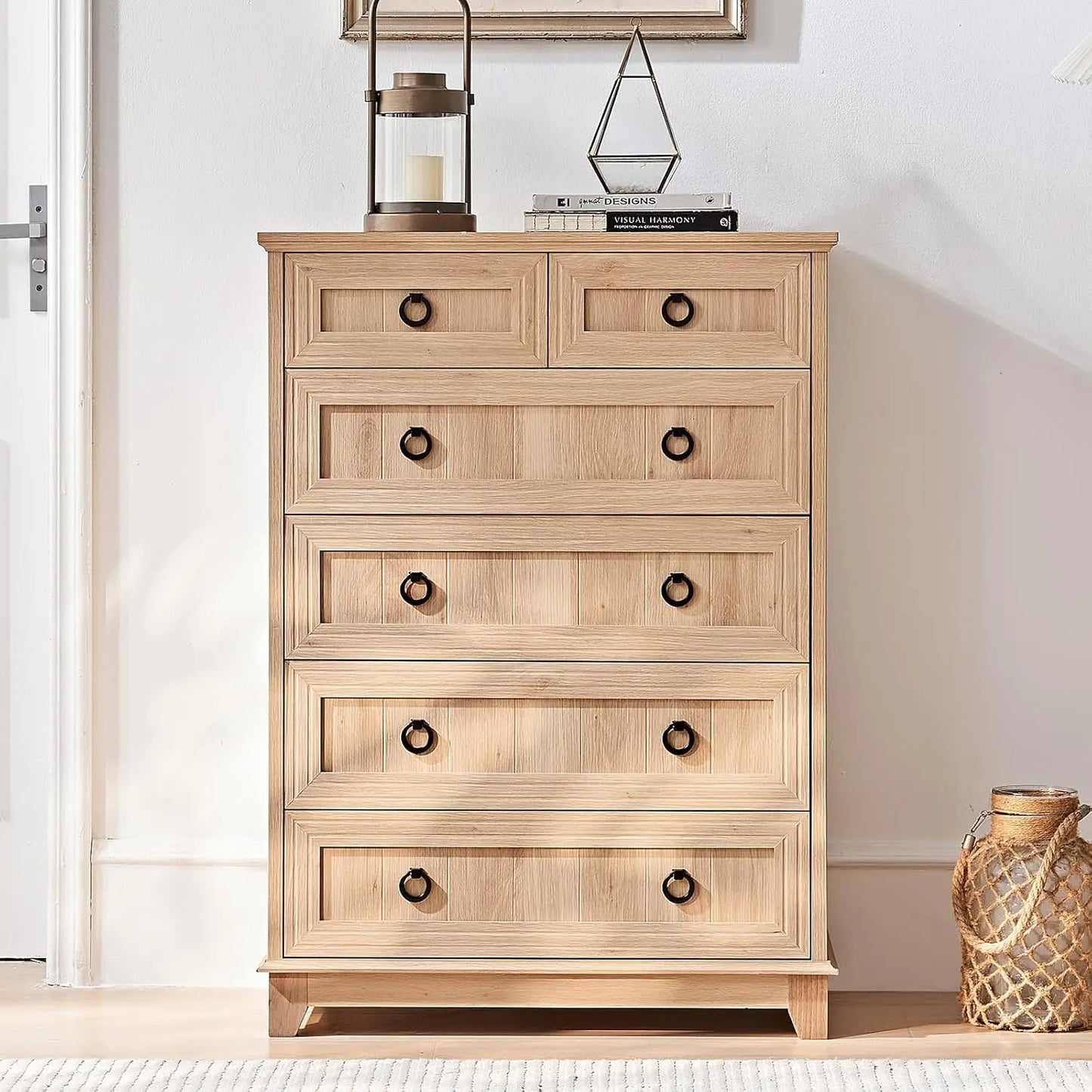 Rustic Wood 6 Drawer Dresser With Metal Handles For Bedroom