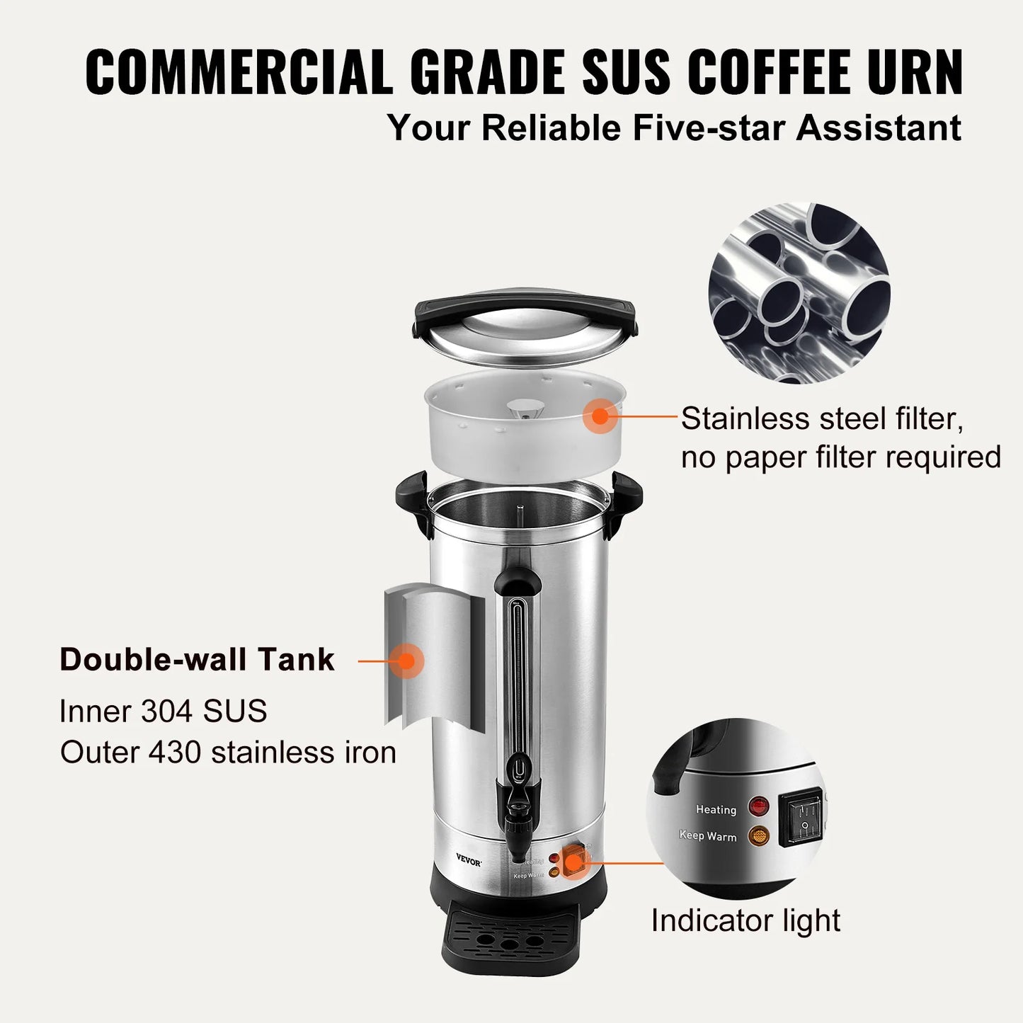 SucceBuy 110 Cups Stainless Steel Coffee Thermos Urn Commercial Hot Water Dispenser for Camping Fast Brewing Easy Cleaning