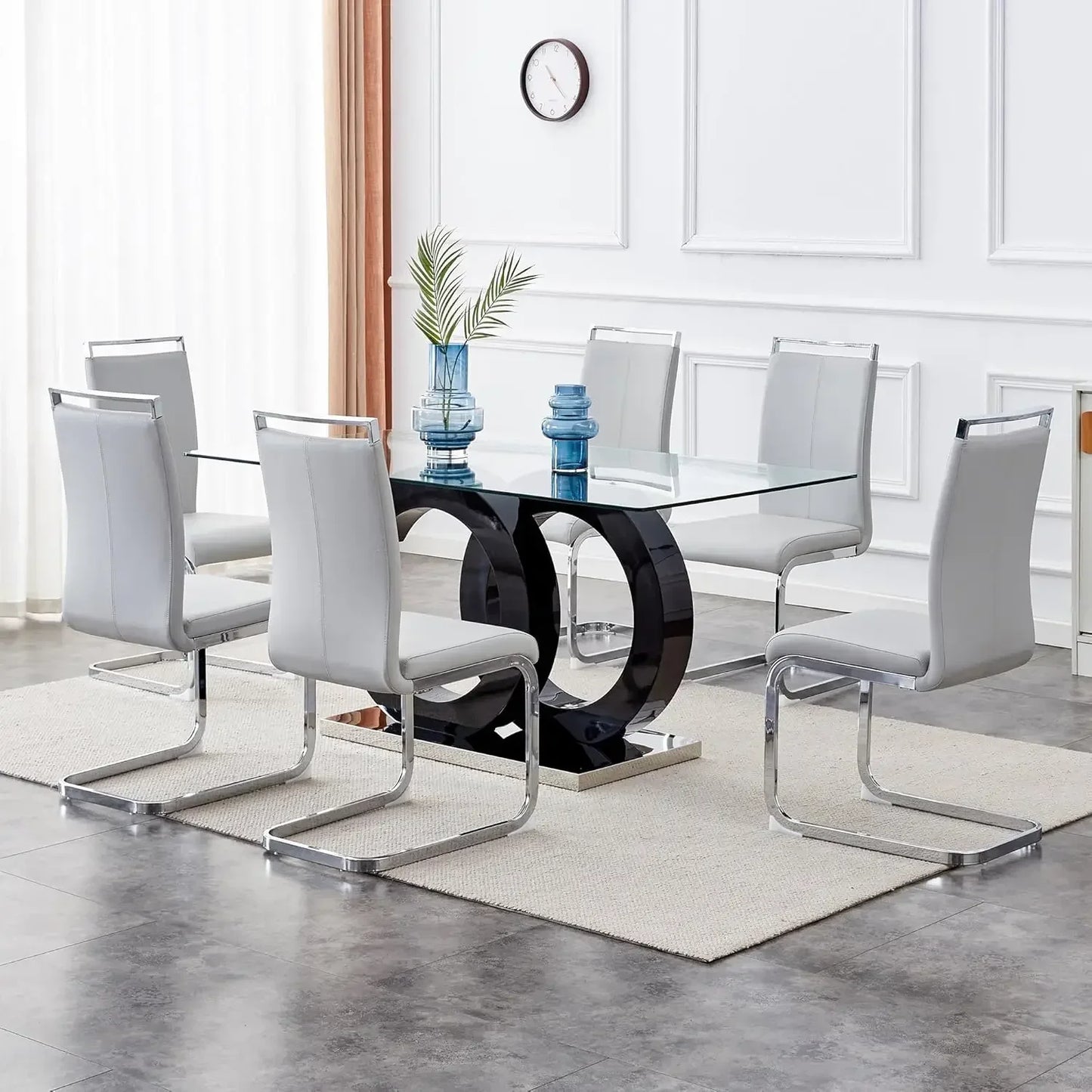 Glass Dining Table Set With Tempered Glass Top PU Chairs