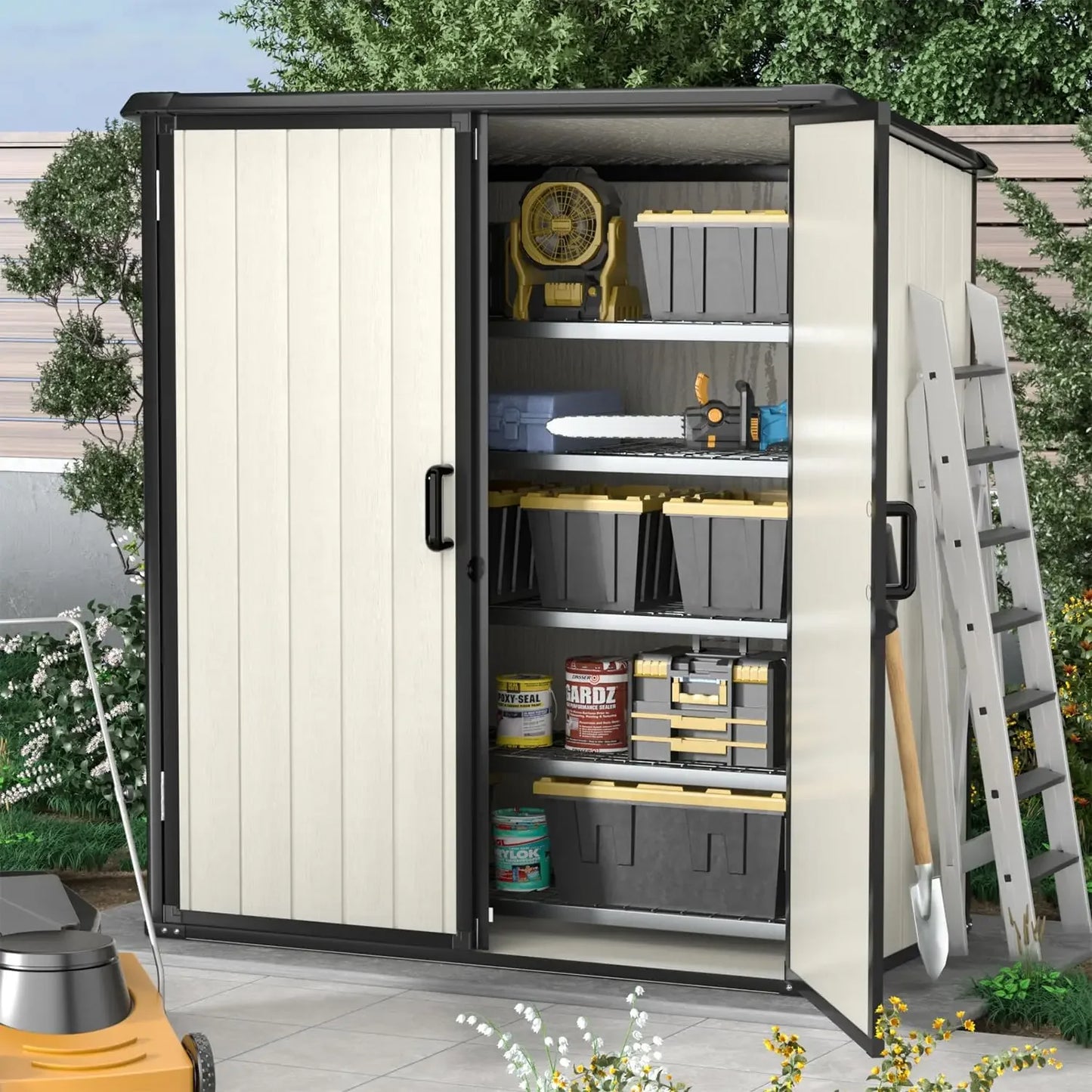 5 X 3 FT Outdoor Storage Shed, Resin Shed with Floor and Lockable Door, Plastic Shed for Bike, Garbage Can, Tool, Accessories