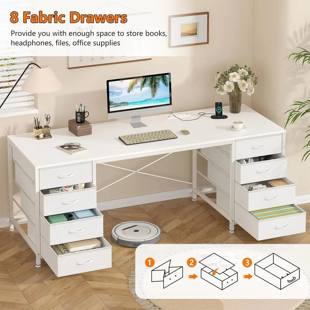 60 Inch Rectangular Computer Desk With 8 Fabric Drawers And Power Outlets