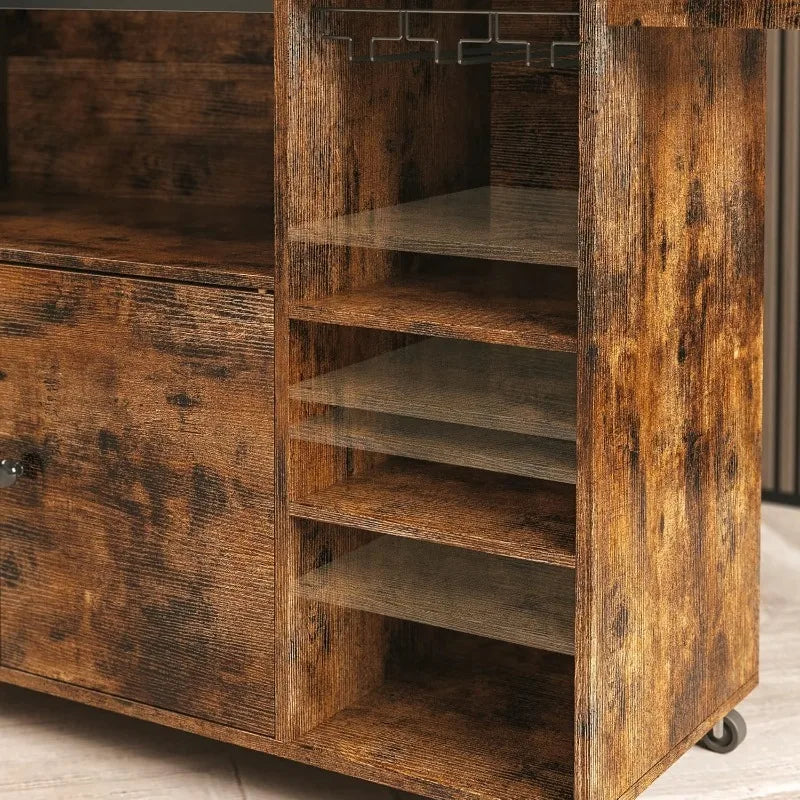 8-in-1 Rolling Kitchen Cart, Drop-Leaf Island with Wine & Spice Racks, Vintage Brown