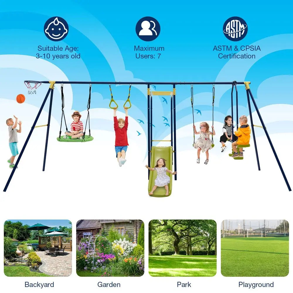 YTYIN 7in1 Kids Swing Set With Slides And Gym Equipment