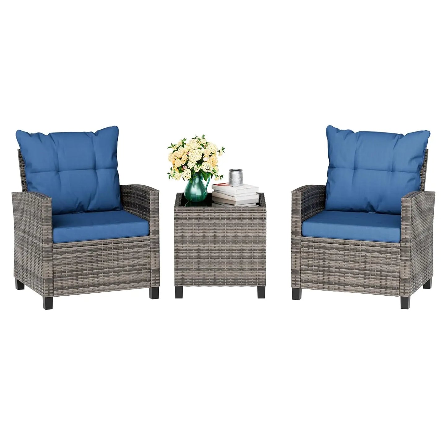 3 Piece Patio Furniture Set Small Outdoor Wicker Rattan Front Porch Bistro Set Cushioned Patio Chairs Conversation, Customized