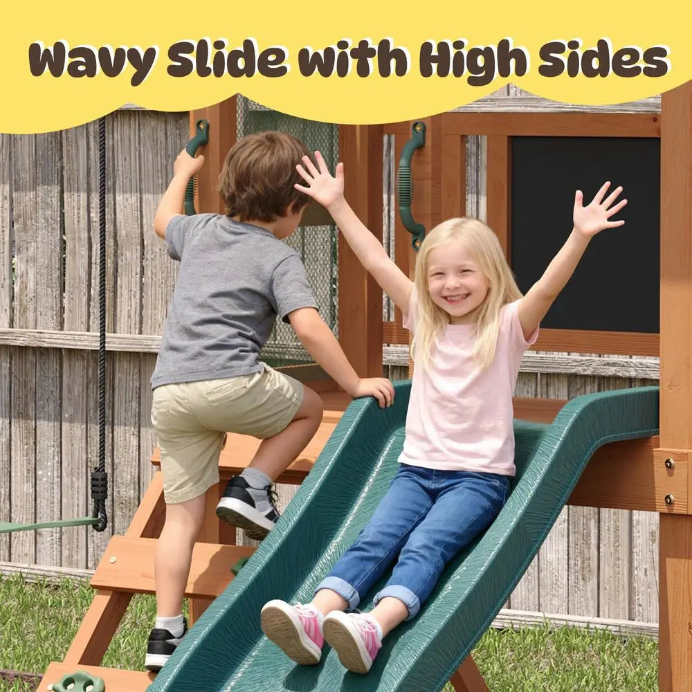 YTYIN Backyard Swing Set With Wave Slide And Rock Wall