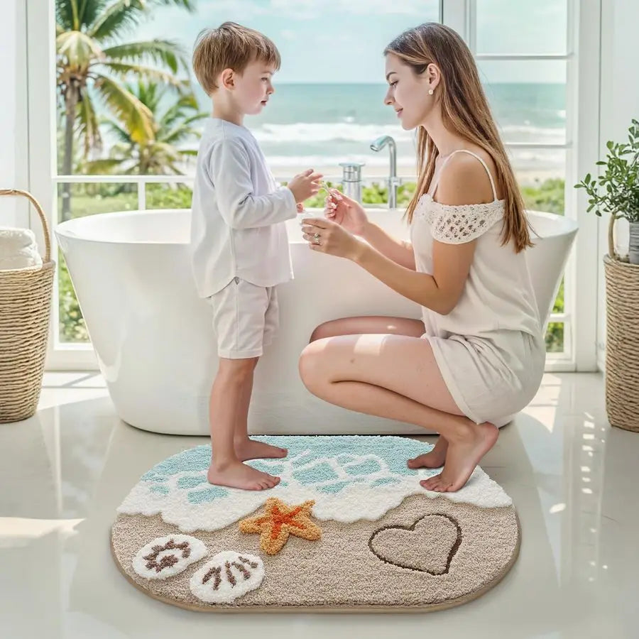 Soft and Absorbent Beach Bathroom Rug, NonSlip Backing, Ideal for Bathroom, Kitchen and Entryway Decor, Sea Beach Starfish Shell