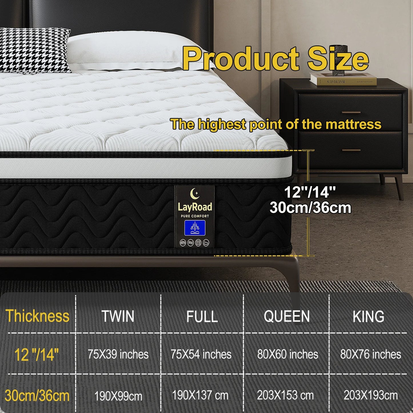LAYROAD Hypoallergenic Memory Foam Mattress Medium Firm With Edge Support