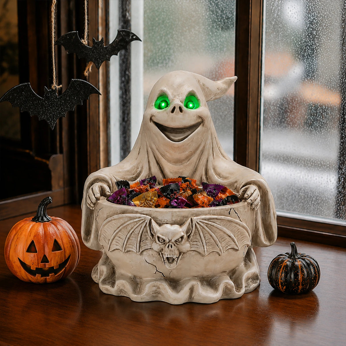 Halloween Ghost Candy Bowl with LED Eyes and Bat Decor