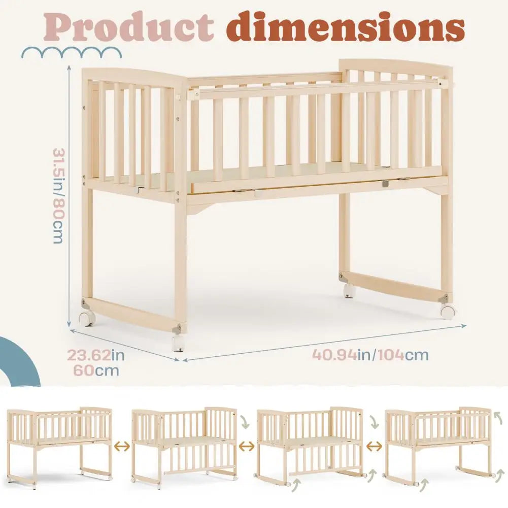 Pine Wood Bedside Bassinet With Detachable Fence And Wheels