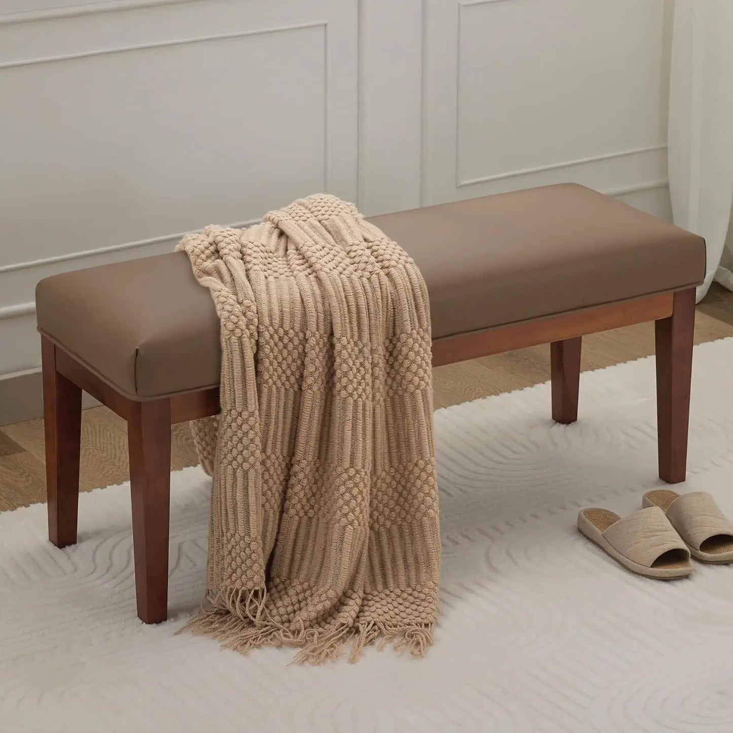 Linen Upholstered Bedroom Bench for End of Bed and Entryway