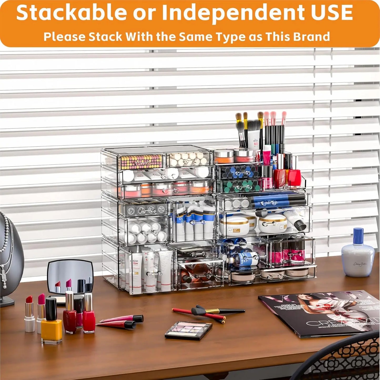 8-Drawer Clear Acrylic Makeup Organizer with Stackable Design for Vanity, Bathroom, and Desk Storage