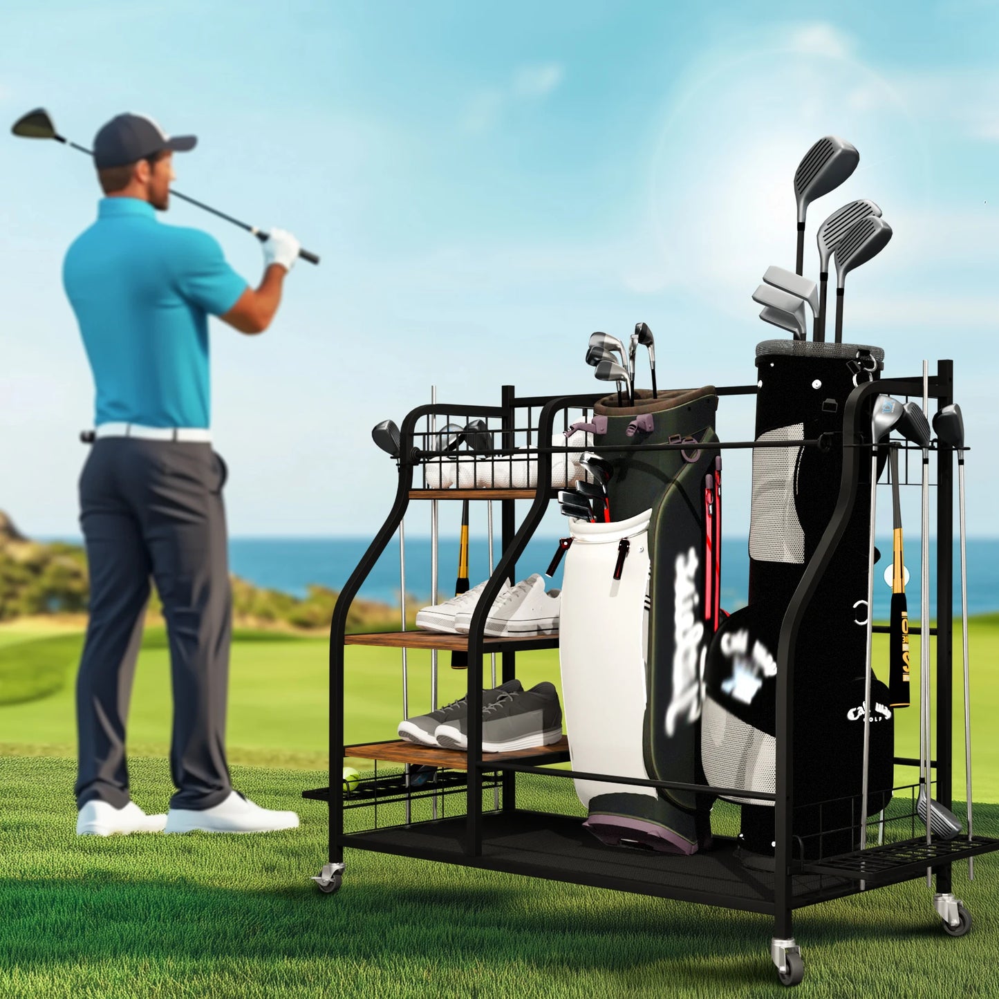 Durable Metal Rolling Golf Bag Storage Rack With Wheels