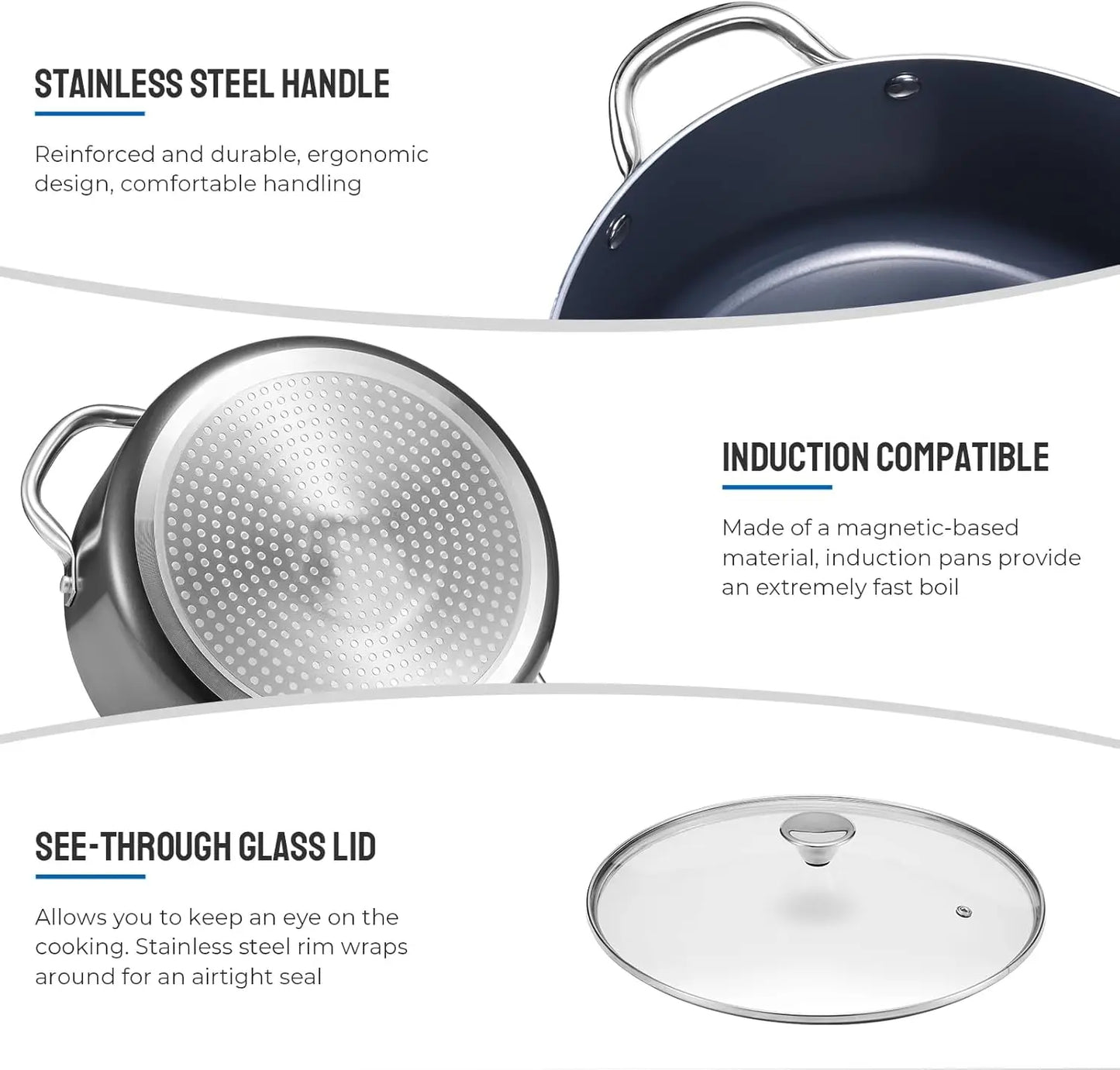 Induction Cookware Set 6-Piece, Stackable Kitchen Cooking Pots Set, 6qt 4.8qt & 2qt Pots with Lids, Dishwasher Safe & Oven Safe,