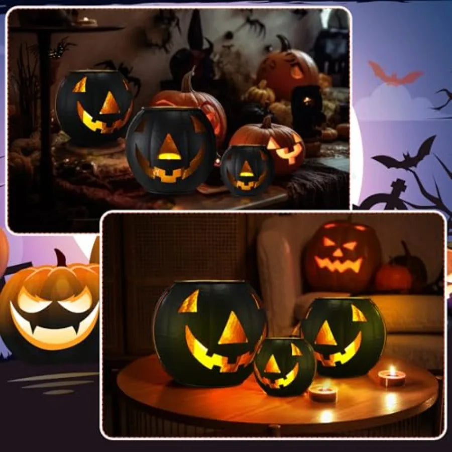 Halloween Metal Jack O Lantern Decor Set With LED Candles