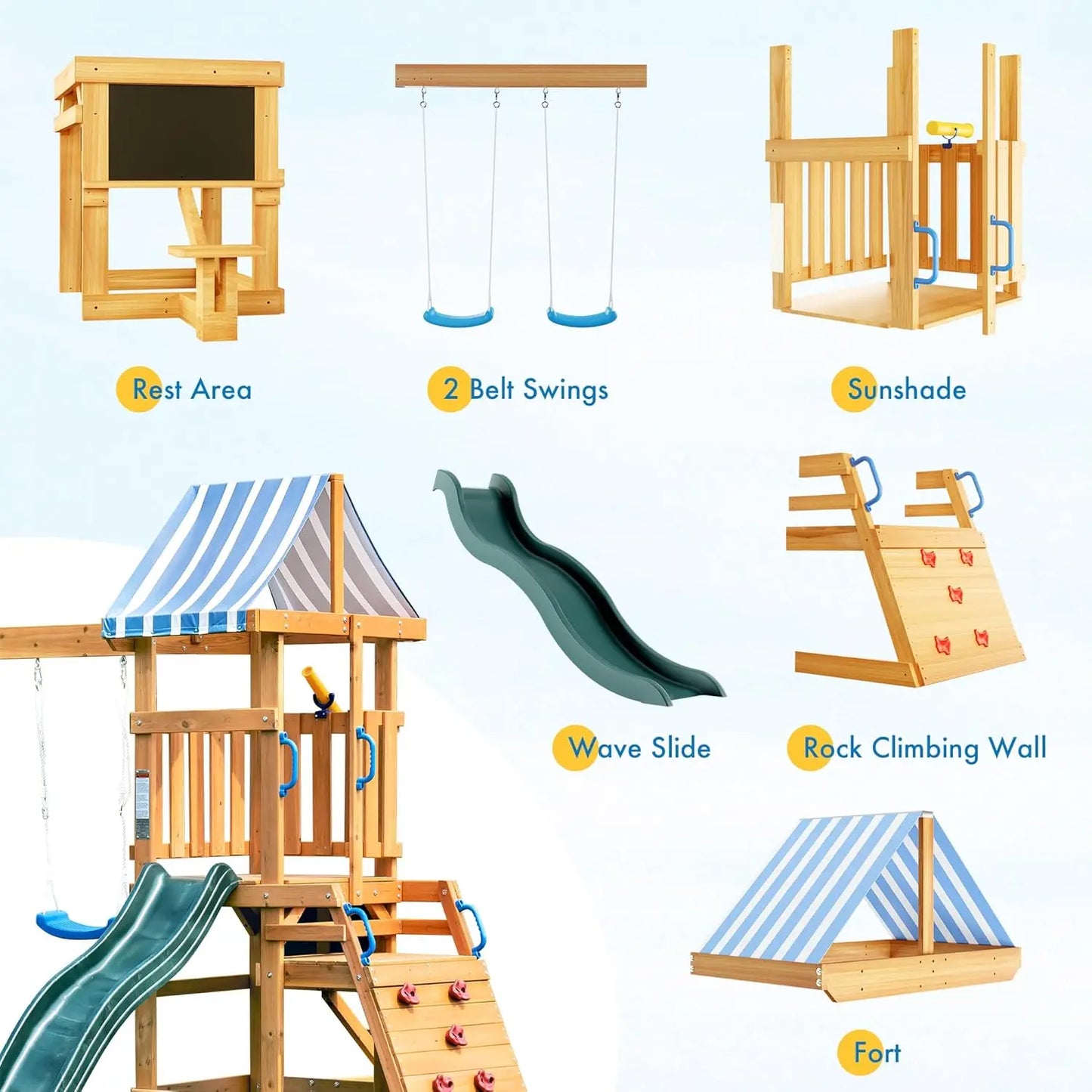 Rolife Wooden Swing Set For Kids With Climbing Wall Outdoor