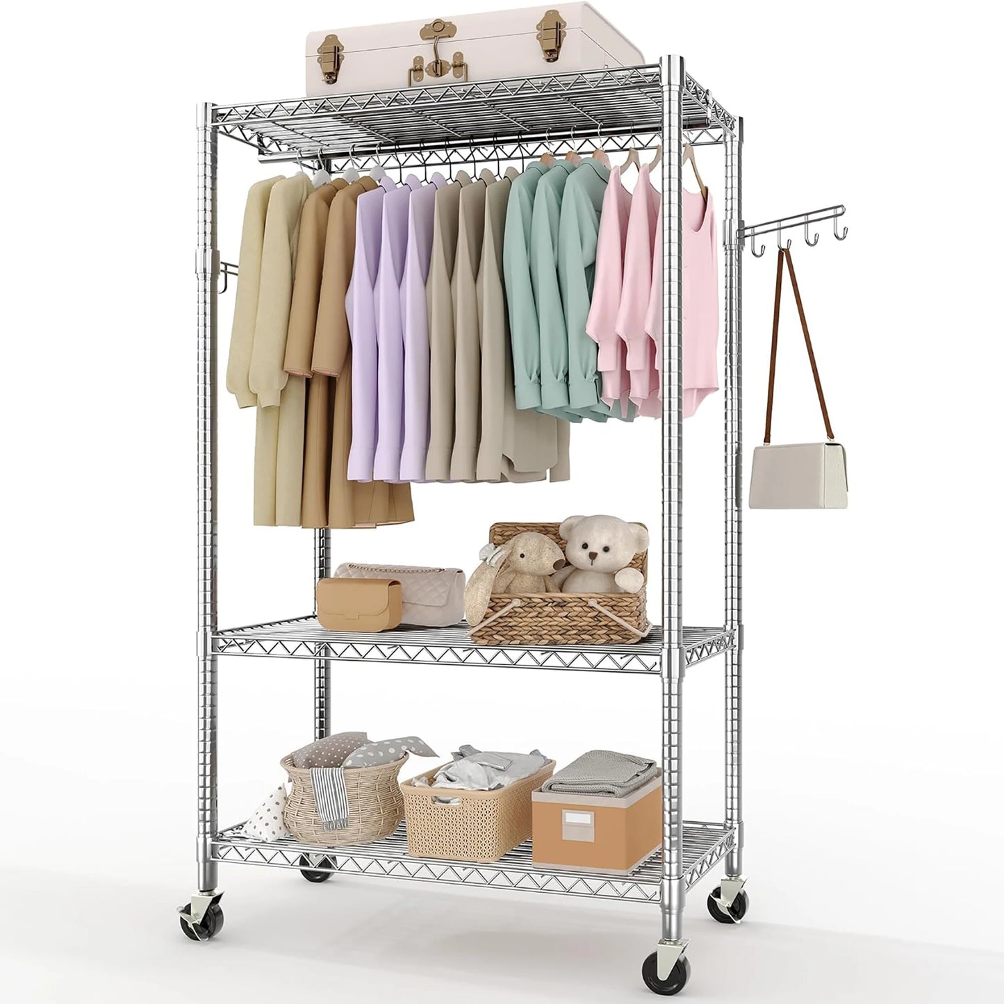 HiMISS 3-Tier Rolling Garment Rack With Adjustable Shelves