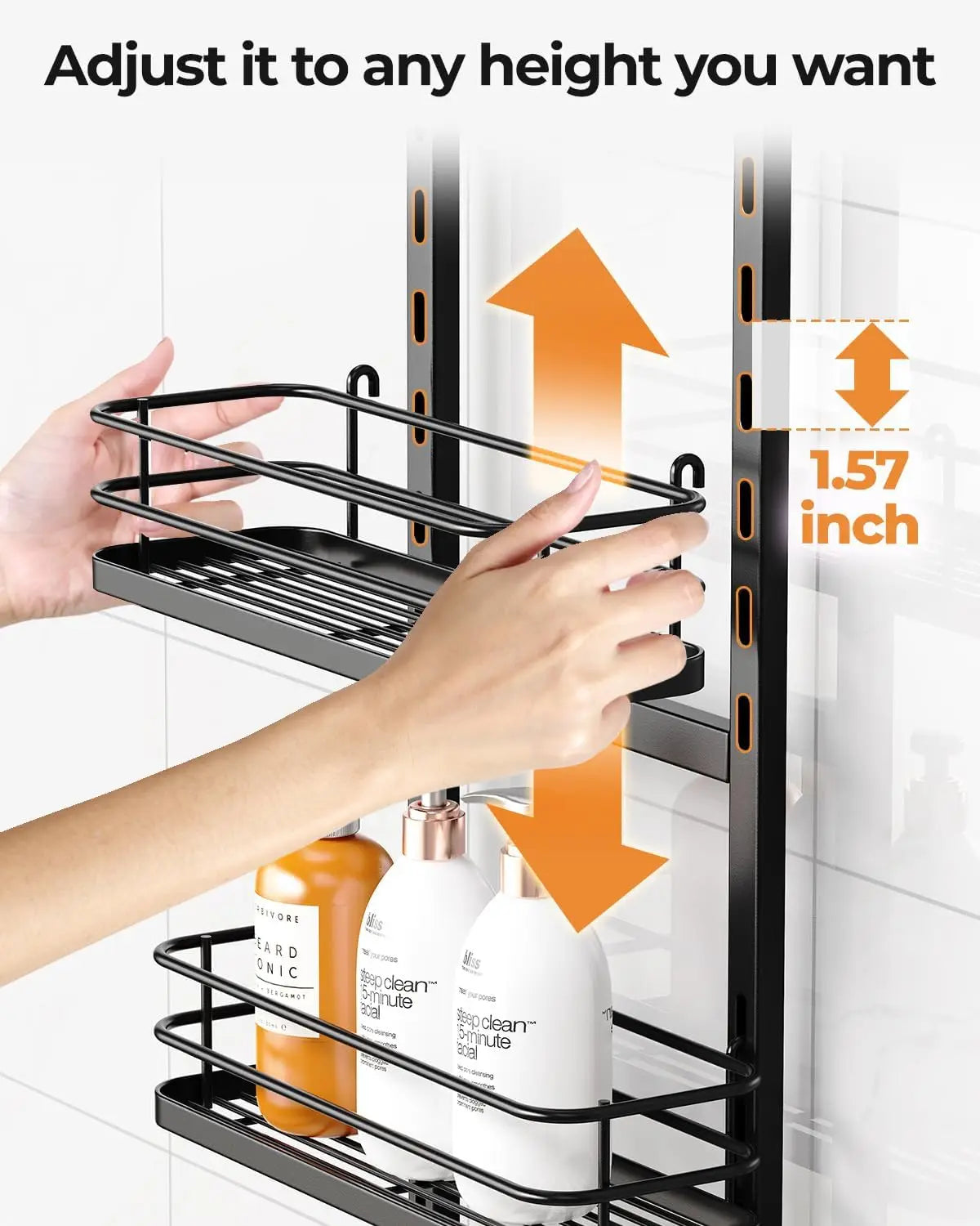 4-Tier Adjustable Shower Caddy with Anti-Swing Design, Large Capacity for Bathroom Storage - Black