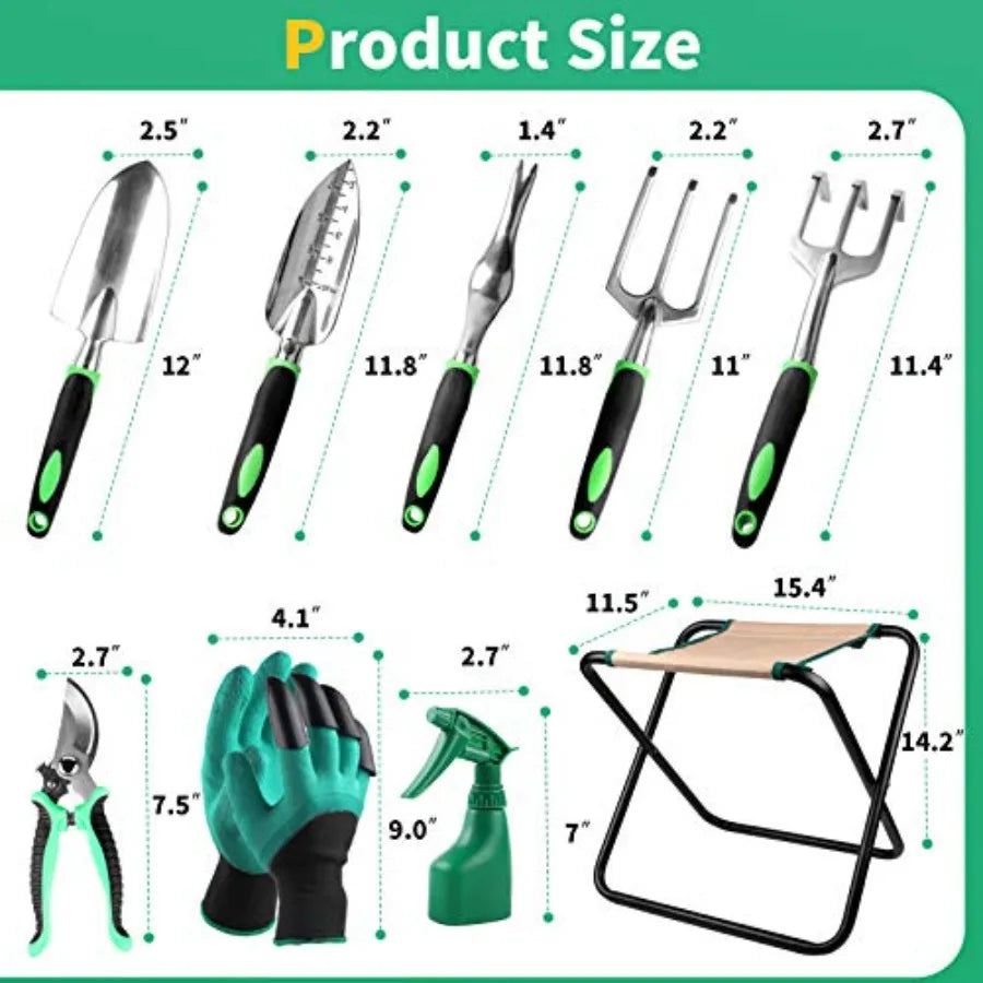 9 PCS Allinone Garden Tools Set Heavy Duty CastAluminium Alloy Gardening Tools Kit with Folding Stool Seat and Detachab