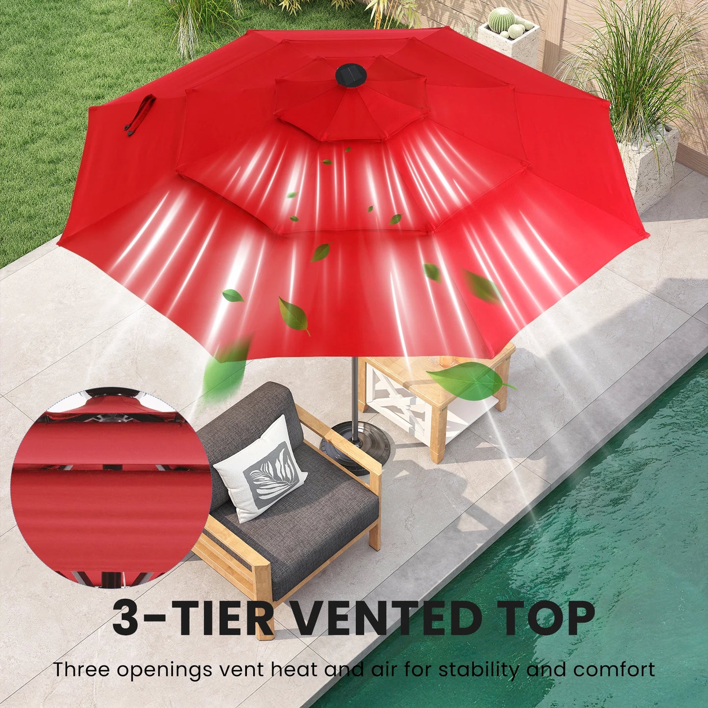 JHK Outdoor Solar Patio Umbrella With LED Lights And Tilt