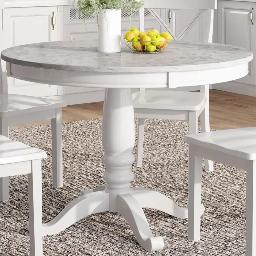 Round Dining Set for 5 with Marble Table and Chairs