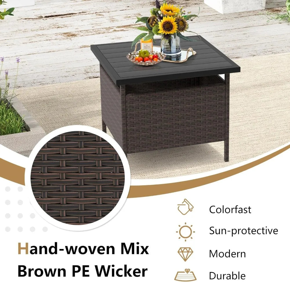 Outdoor Rattan Umbrella Side Table HDPE Top With Metal Frame