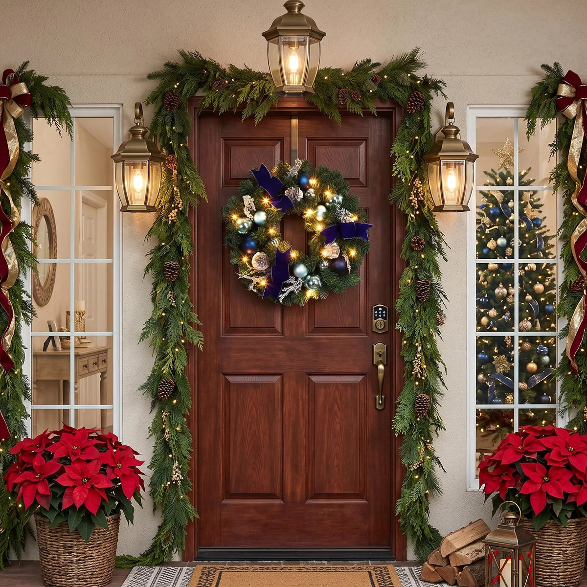 HiMISS Lighted Christmas Wreath With LED Lights And Velvet Bows