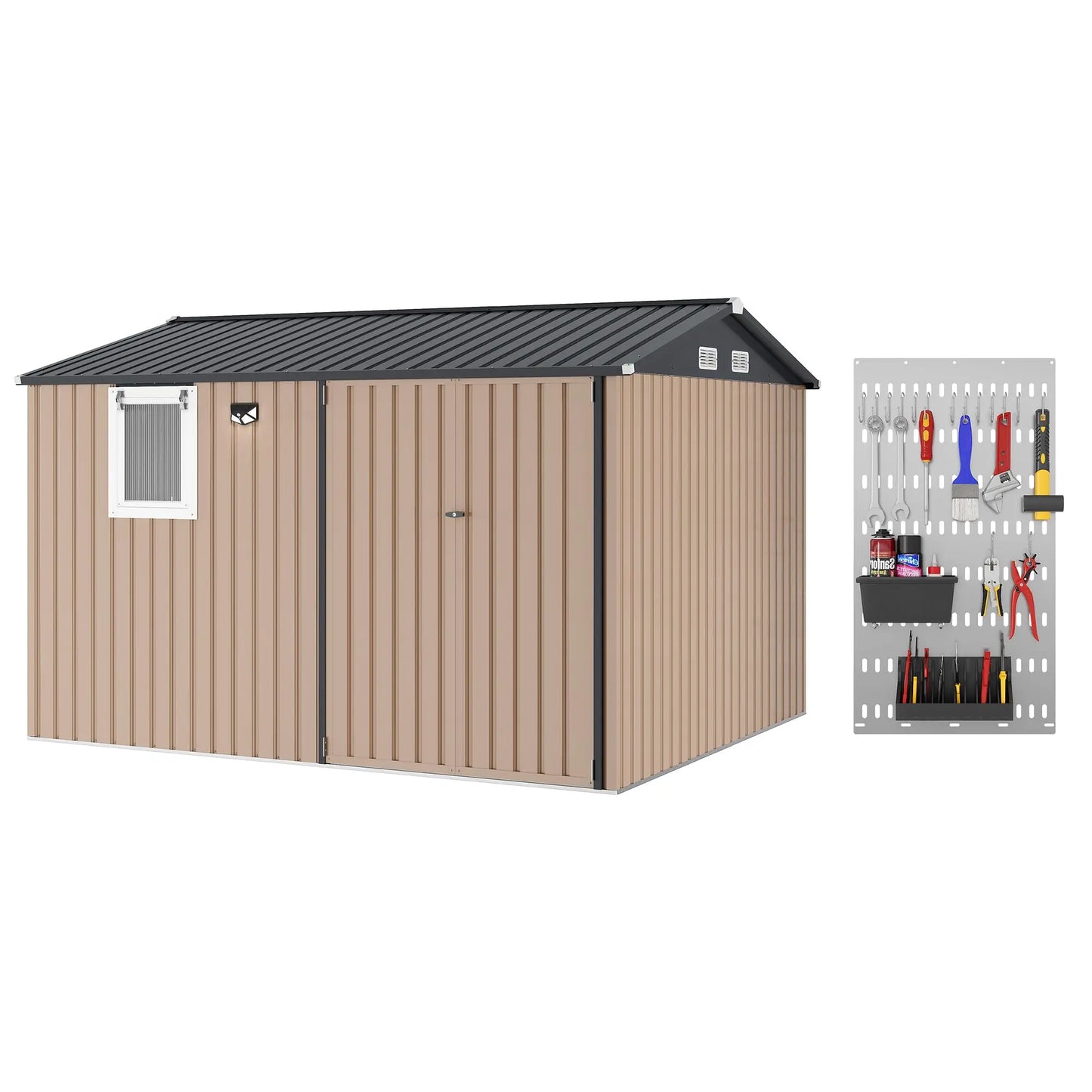 HiMISS Steel Garden Storage Shed With Sloped Roof Lockable Doors Vents Window