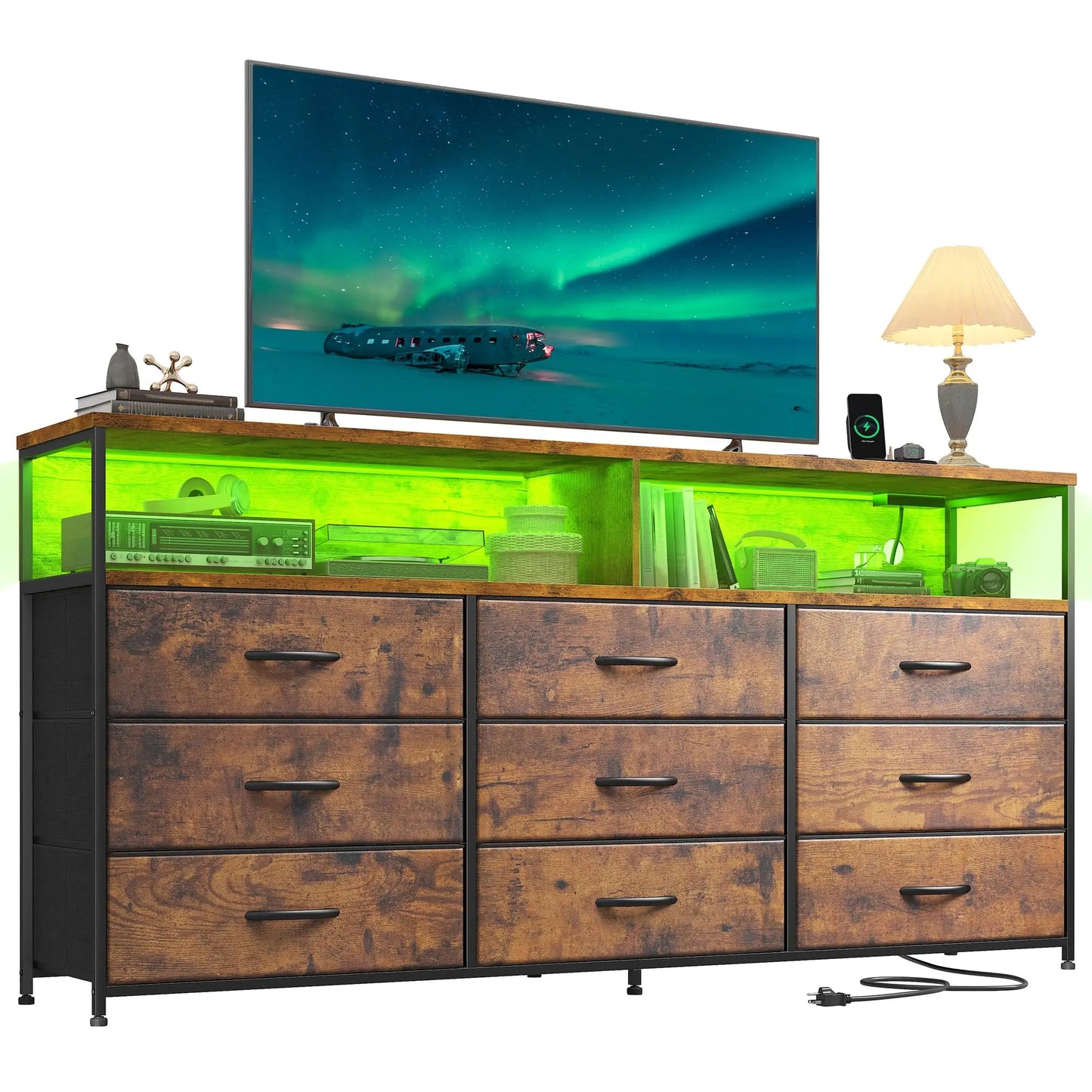 Long Dresser TV Stand With Nine Drawers And Outlets