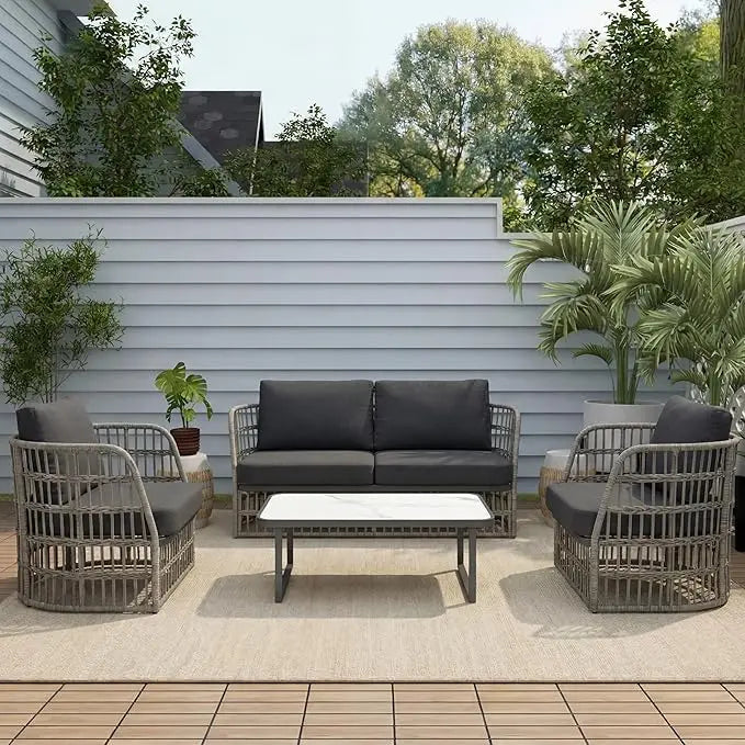 XIUWO 4 Piece Outdoor Wicker Sectional Sofa Set For Patio Poolside