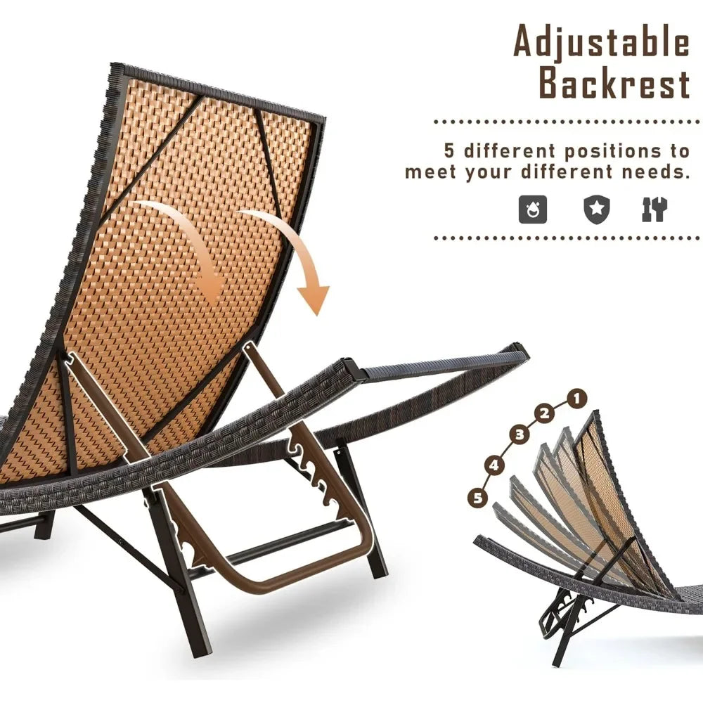 Patio Chaise Lounge Sets Outdoor Rattan Adjustable Back 3 Pieces Cushioned Patio Folding Chaise Lounge with Folding Table