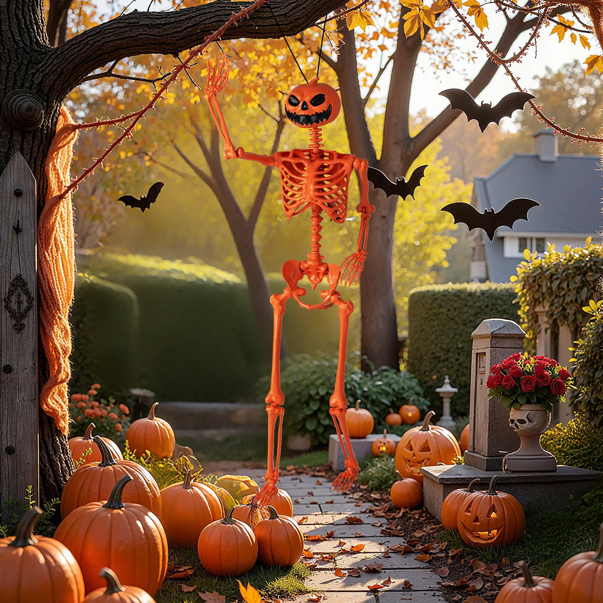 LIFEZEAL Poseable Pumpkin Head Skeleton Halloween Decoration Prop