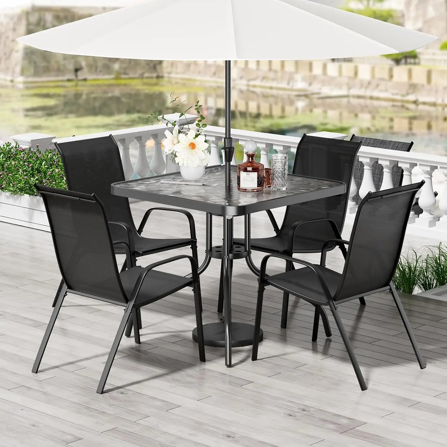 All Weather Patio Dining Set With 4 Stackable Textilene Chairs